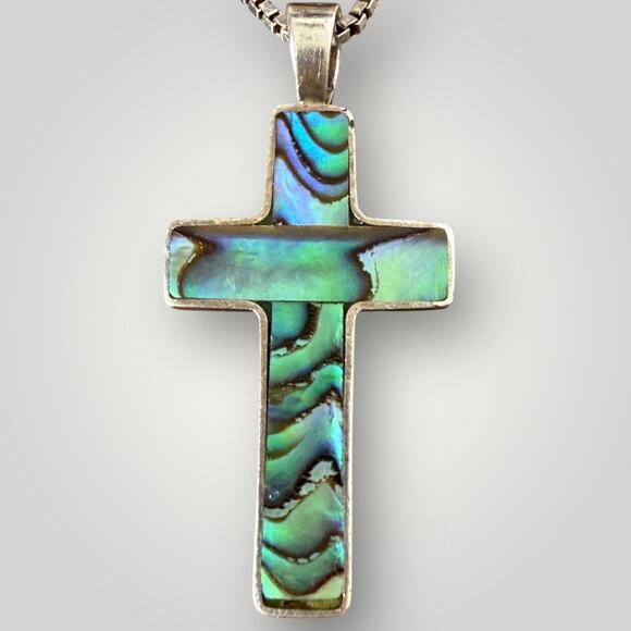 925 Sterling Silver Abalone Cross Pendant with Italian Chain Necklace 20 inch - Picture 2 of 6